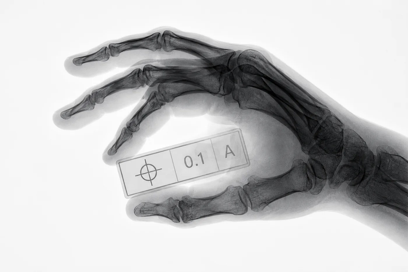 Röntgenaufnahme einer Hand, die einen Positionstoleranz-Rahmen nach ISO 1101 hält